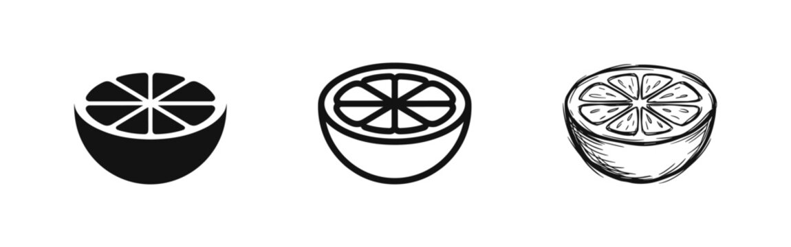 Orange Citrus Fruit Half Icon Set in Flat, Outline and Hand-Drawn Styles