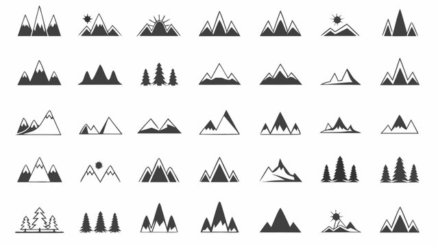 Collection of minimalist mountain silhouettes with varying designs against a white background alpine ascent backdrop black and white contour crest