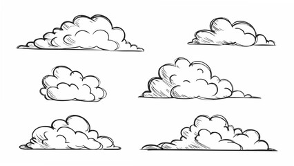 Fototapeta premium Cloud formations sketched in black ink a set of six vector illustrations on a white background atmospheric black and white