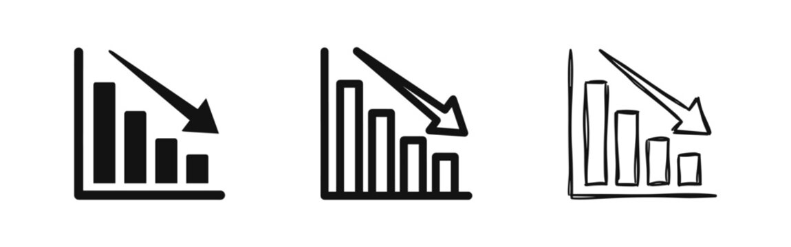 Business Decline Bar Chart With Downward Arrow Icon Set In Three Styles Solid Outline and Hand Drawn