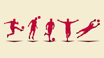 Obraz premium Pixel art silhouettes of soccer players in various poses including kicking, heading, running, celebrating, and diving for a save, on a light background