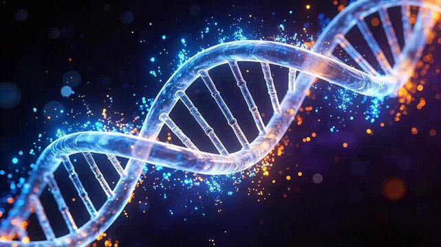 DNA double helix structure with glowing particles