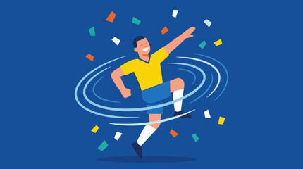 Fototapeta premium Happy male soccer player celebrating a goal with confetti and a pixelated spiral motion effect on a blue background