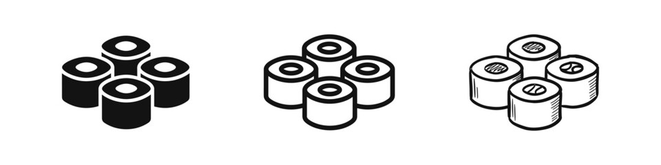 Japanese Sushi Rolls Maki Icon Set in Solid, Outline, and Hand-Drawn Sketch Styles for Restaurant Menus © drawing lines