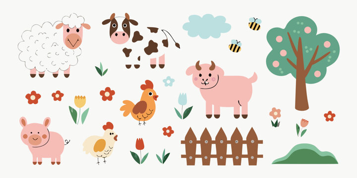 Cartoon Farm Animals And Floral Elements Colorful Vector Illustration