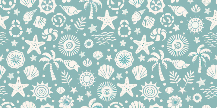 Seashells starfish and palm leaves vector pattern on teal background