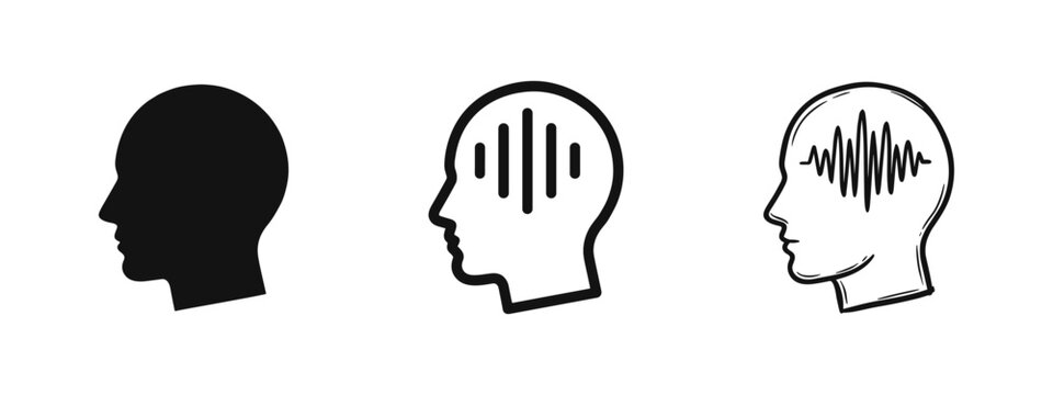 Human Profile with Sound Waves Icons Set Brain Activity Thinking Symbol Solid Outline and Hand Drawn Sketch Styles