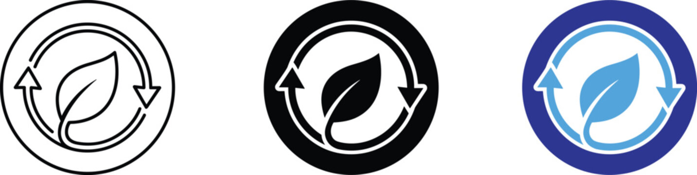Eco recycle leaf circle arrows vector illustration set in fill colors line