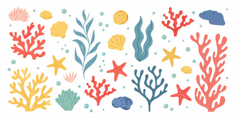 Coral Reef Elements And Sea Shells Colorful Vector Illustration © Kanika