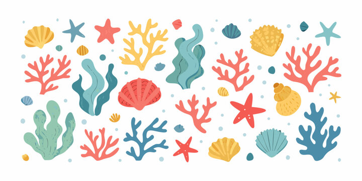 Coral starfish and seashells vector illustration with a white background