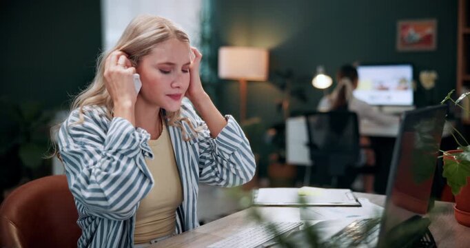 Sick, woman or blowing nose with tissue on laptop in office for influenza, virus or bacteria. Female person, employee or sneeze with hayfever, sinus or allergies on computer for germs in agency
