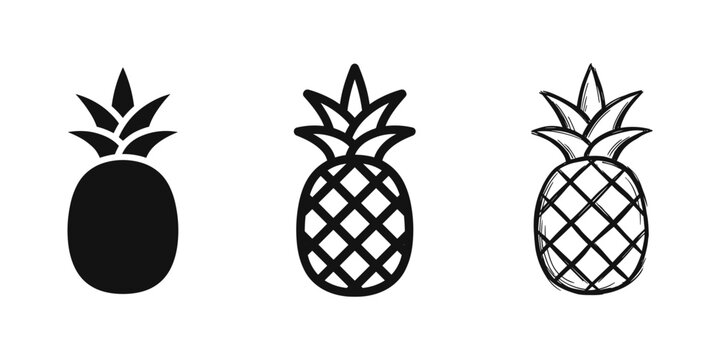 Tropical pineapple fruit icons set in solid, outline, and hand-drawn styles for exotic summer design