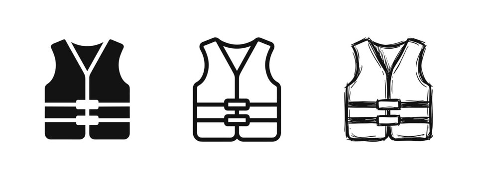 Life vest safety icons set for rescue and nautical protection in solid, outline, and hand-drawn styles