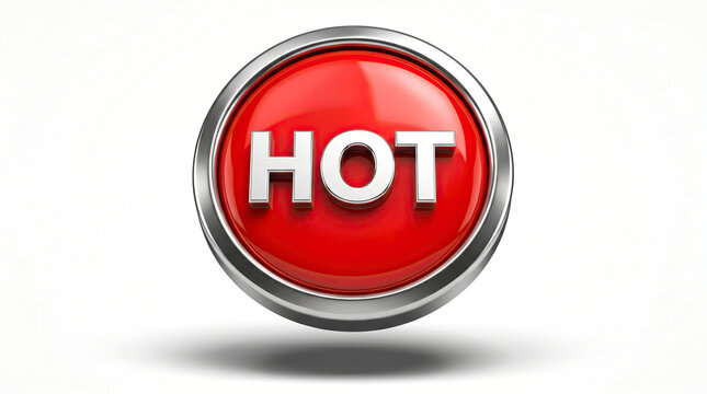 Red Hot Button with Metallic Border on White Background