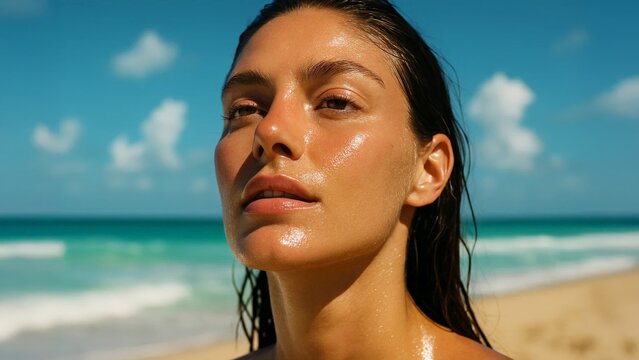 Close-up portrait of wet woman at beach under bright sun, glowing skin and natural beauty with ocean background.