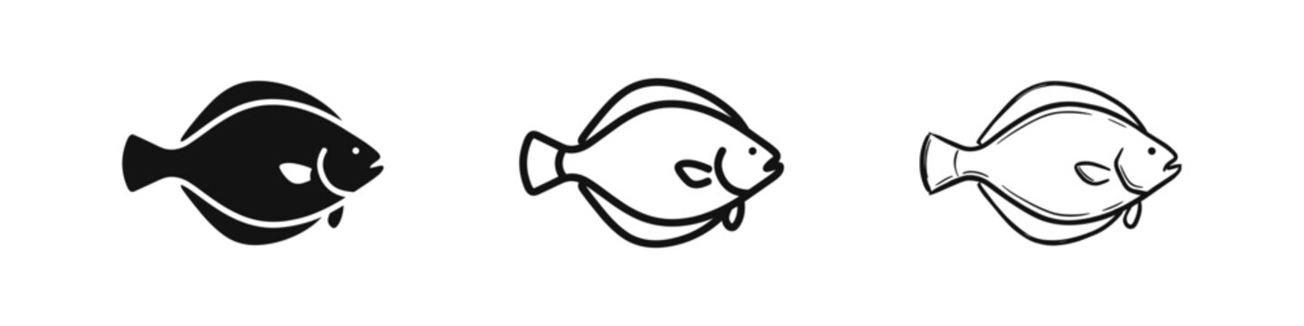 Flounder Fish Icon Set Flatfish Silhouette and Outline Symbols in Different Graphic Styles Vector Illustration