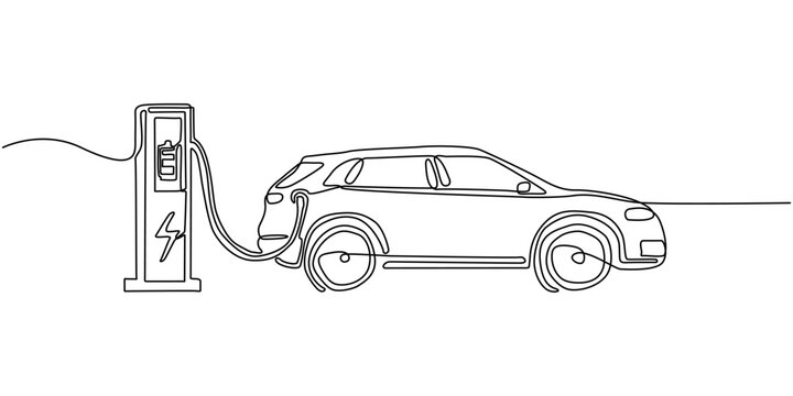 Continuous Line Drawing Electric Car EV Charging Vector