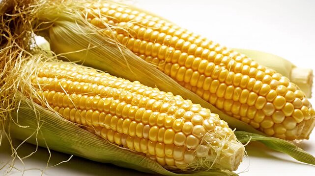 Stack of fresh yellow corn cobs with husks.