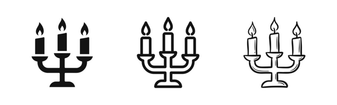 Candelabra Icon Set Candlestick with Burning Candles in Solid Outline and Hand Drawn Sketch Styles Vector