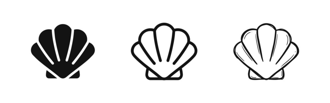 Seashell Scallop Icons Set in Solid, Outline and Hand Drawn Sketch Styles Isolated on White