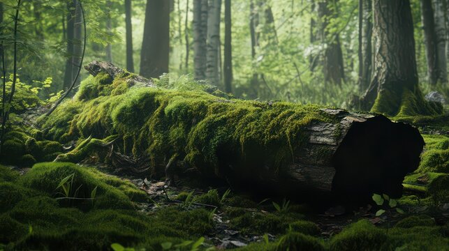 Moss covered log in a forest, nobody