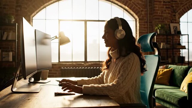 Productive Remote Work: Young Woman with Headphones Typing at a Dual-Monitor Setup in a Sunlit Loft Office, Ideal for Freelance Career Blogs.