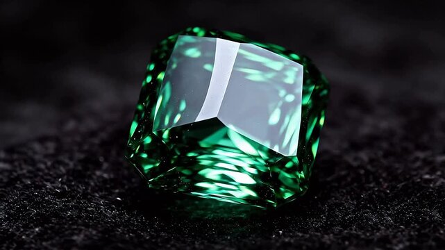 Faceted green gemstone on dark surface