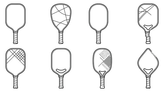 A collection of eight distinct pickleball paddle designs, showcasing various shapes and surface patterns for sports equipment.