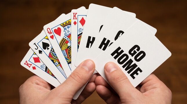 Hands holding poker cards with go home text