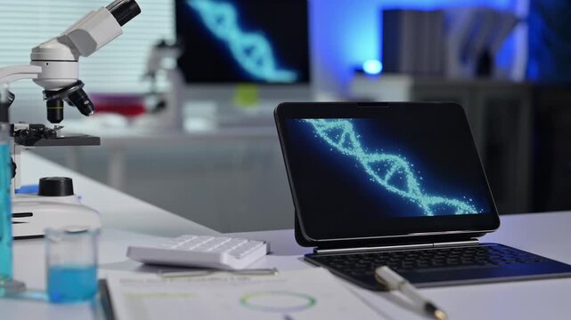 Dna double helix rotating on tablet screen in laboratory