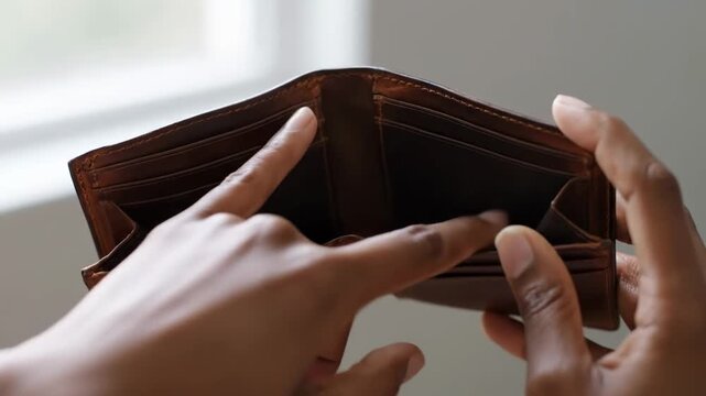 Financial Struggle Concept with Close-up of Hands Holding an Empty Brown Leather Wallet, Ideal for Personal Finance Blogs or Debt Management Content.