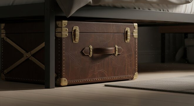 Brown faux leather foldable storage trunk with brass hardware tucked under a bed for home organization