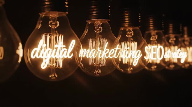 Creative Business Concept of Glowing Vintage Light Bulbs with Digital Marketing and SEO Filaments on Black Background, Ideal for Advertising Agencies.