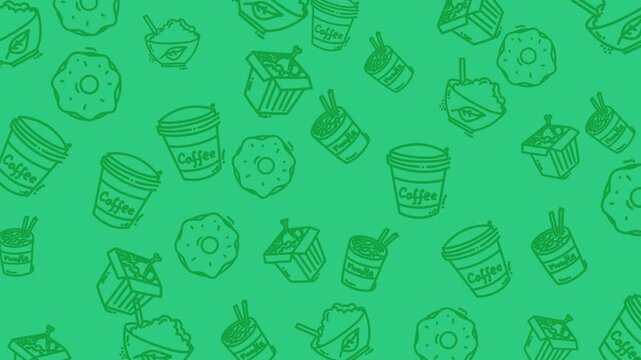 Seamless looping food and beverage doodle pattern featuring coffee cups, noodles, rice bowls, lunch boxes, and donuts on green background. Modern restaurant motion graphic animation.