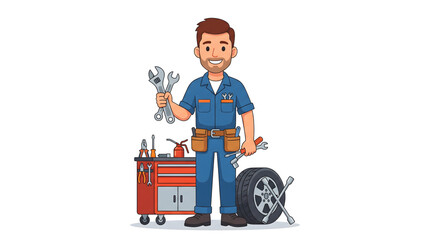 Fototapeta premium Mechanic Holding Tools and Wheel