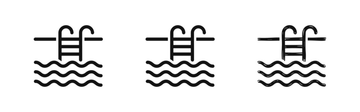 Swimming pool ladder icons set, pool stairs and water waves symbols