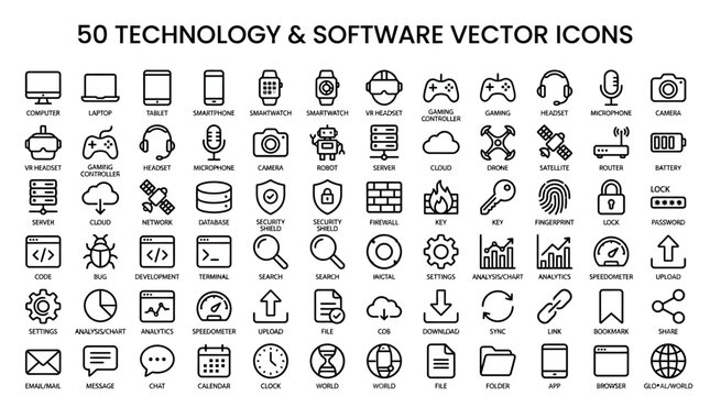 Extensive collection of 50 technology and software vector icons designed for modern digital applications and interfaces