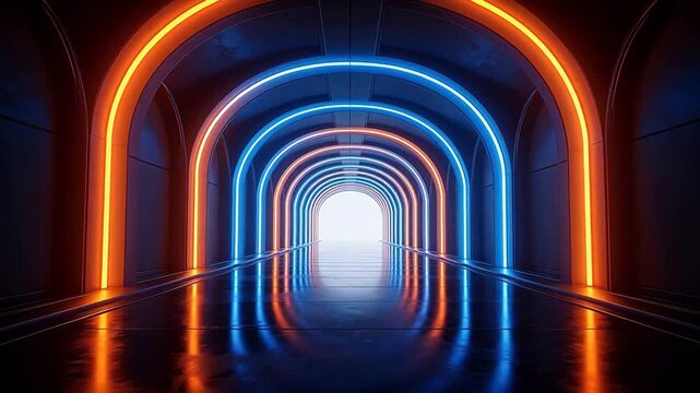 Neon lit tunnel with arches