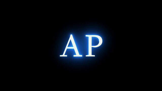 Neon blue glowing ap letters text symbol on black background for advanced placement or access point sign