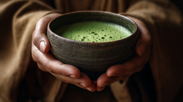 Two cupped hands gently hold a rustic stoneware bowl of frothy green matcha during a quiet tea ceremony in warm soft tearoom light