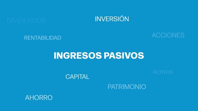 Animated Spanish finance terms surrounding the central text &ldquo;Ingresos Pasivos&rdquo; on a blue background. Related words appear and disappear, illustrating passive income and wealth-building concepts.