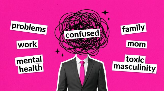 Conceptual illustration of a man's mind overwhelmed by chaotic thoughts, symbolizing confusion, stress, and challenges to mental well-being