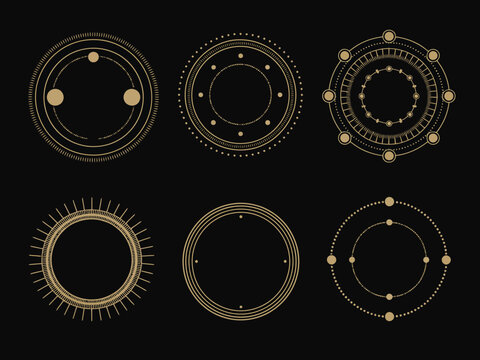 Celestial gold vector circle elements set featuring six geometric astrological frames with stars and sunbursts isolated on black background.