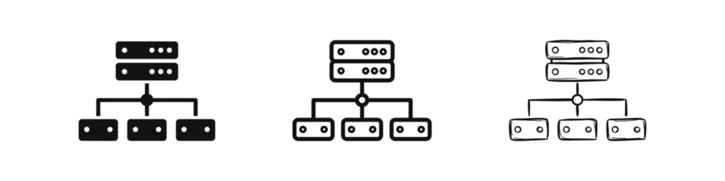 Server Network and Database Icon Set Symbolizing Data Structure, Connection, and Hosting in Various Styles
