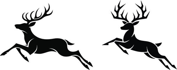 Running deer silhouette set with large antlers representing wildlife nature forest animals and hunting season graphics. © meerobeul