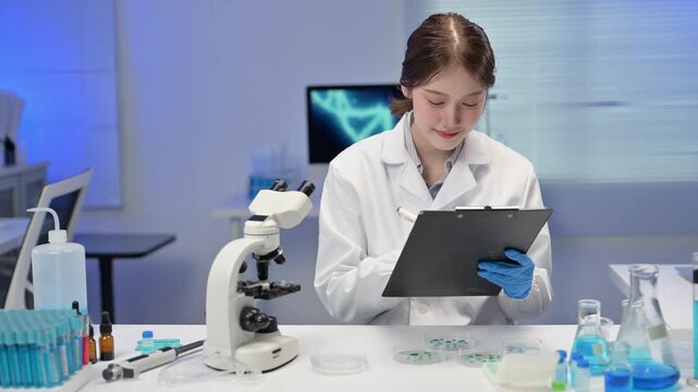Scientist analyzing samples under microscope in laboratory