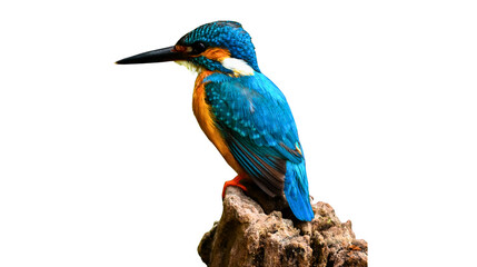 Fototapeta premium Colorful common kingfisher bird perched on a weathered log with animal photography avian life kingfisher wildlife colorful isolated background waterfowl
