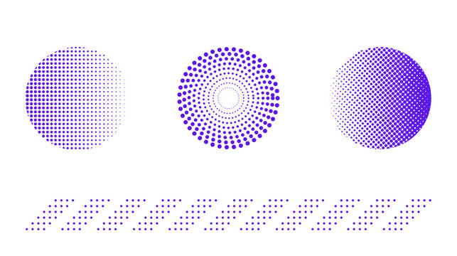 Abstract purple halftone dot pattern circles and diagonal lines set with halftone abstract geometric gradient background technology collection ornament