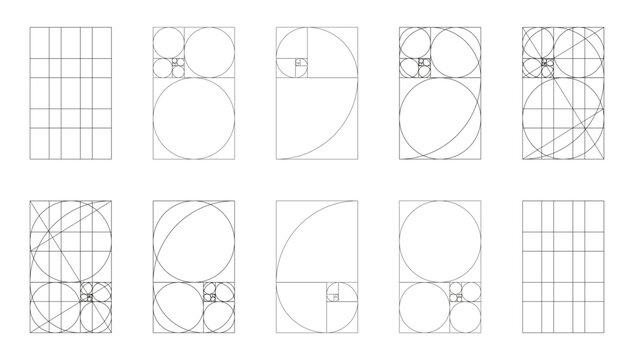Golden ratio layout. Harmony proportions flat grid. Fibonacci array, numbers shape template. Method golden section sample. Harmony proportions frame mockup. Outline graphic simple illustration.