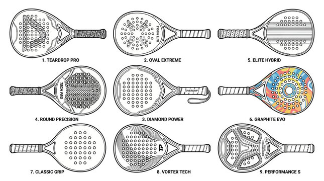 Nine different paddle racket designs with various head shapes and internal patterns, including teardrop, oval, round, and diamond shapes.
